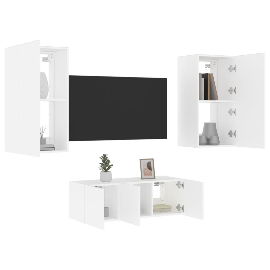 Mobili Tv A Muro Con Led 4Pz Bianchi In Legno Multistrato