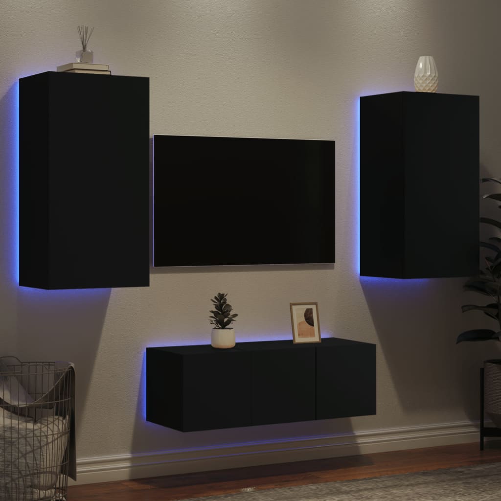 Mobili Tv A Muro Con Led 4Pz Bianchi In Legno Multistrato