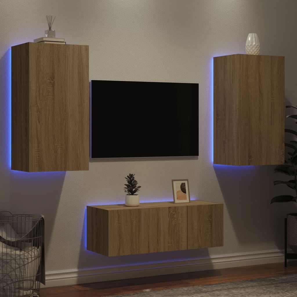 Mobili Tv A Muro Con Led 4Pz Bianchi In Legno Multistrato
