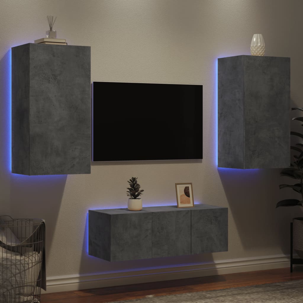 Mobili Tv A Muro Con Led 4Pz Bianchi In Legno Multistrato