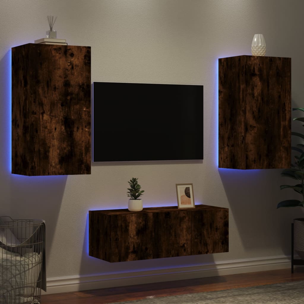 Mobili Tv A Muro Con Led 4Pz Bianchi In Legno Multistrato