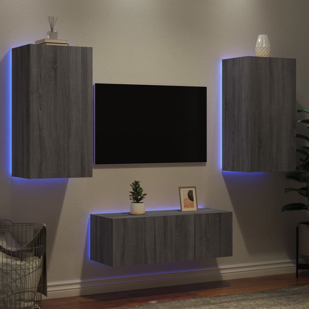 Mobili Tv A Muro Con Led 4Pz Bianchi In Legno Multistrato