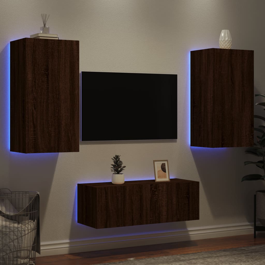 Mobili Tv A Muro Con Led 4Pz Bianchi In Legno Multistrato