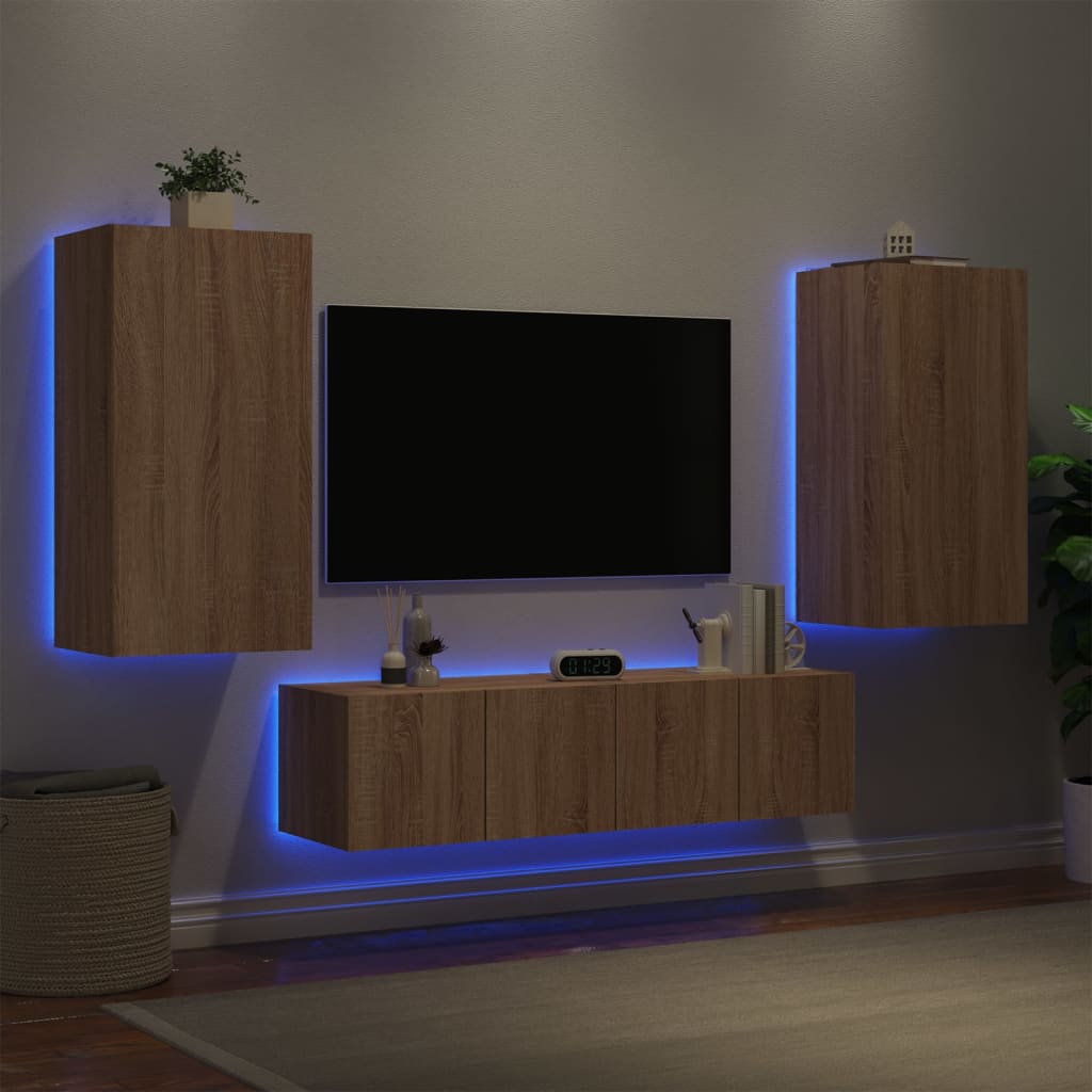 Mobili Tv A Muro Con Led 4Pz In Legno Multistrato