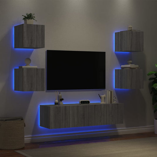 Mobili Tv A Muro Con Led 6Pz Legno Multistrato