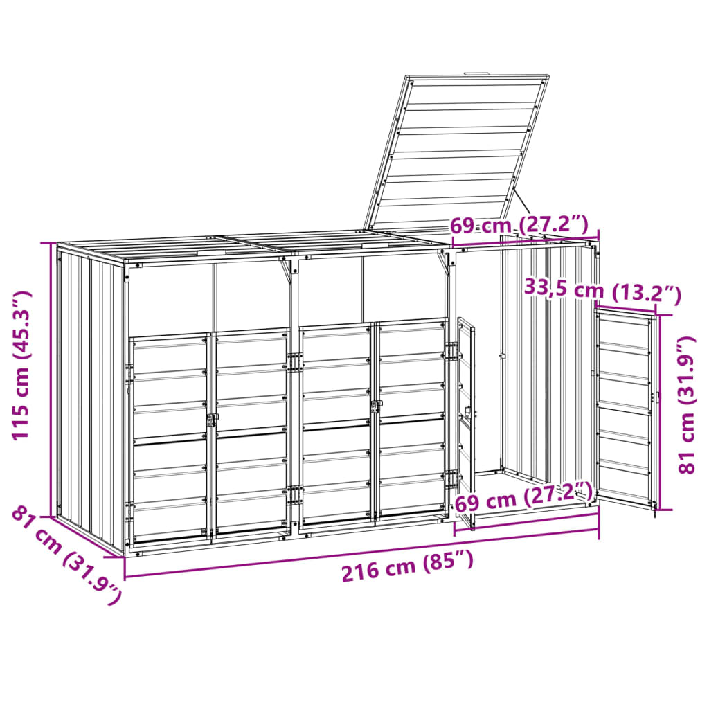 Copribidone Con Ruote Per 3 Bidoni 216X81X115Cm Acciaio