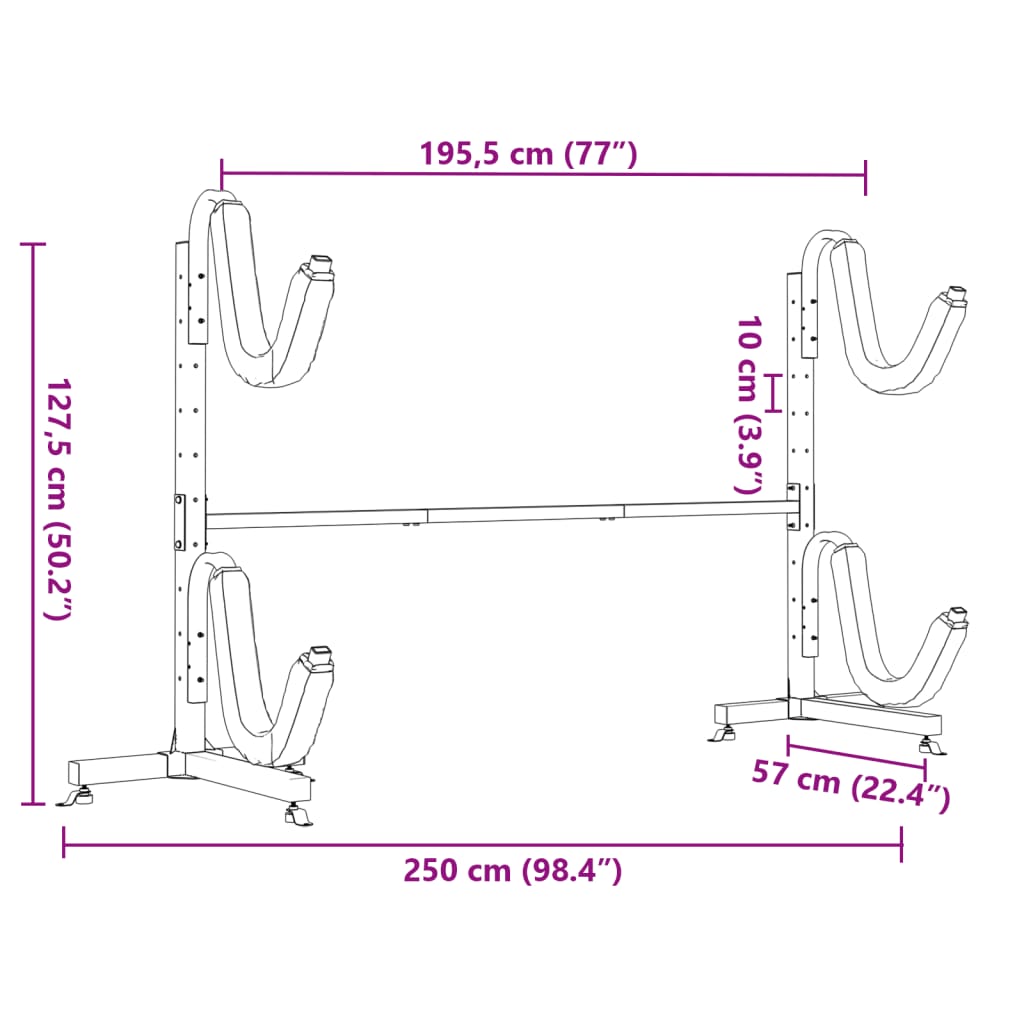 Rastrelliera Porta Kayak Per 2 Kayak 250X57X127,5 Cm In Acciaio Nero