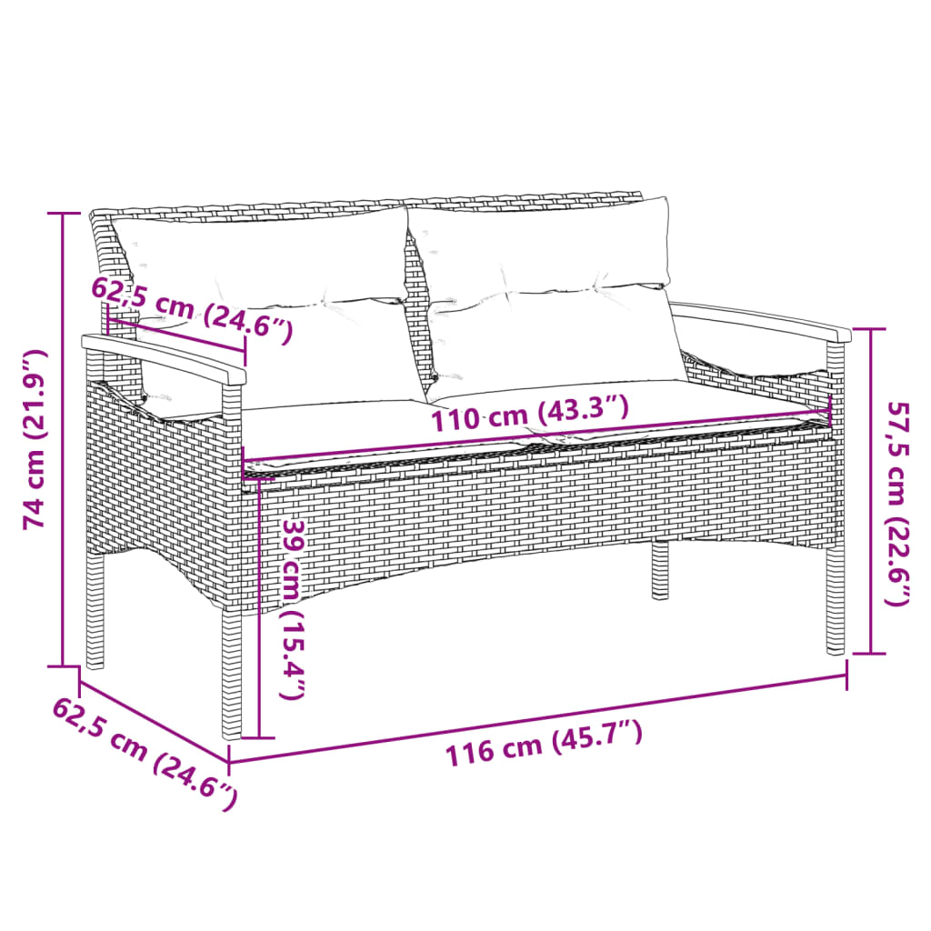 Panchina Giardino Con Cuscini 116X62,5X74 Cm Grigia Polyrattan