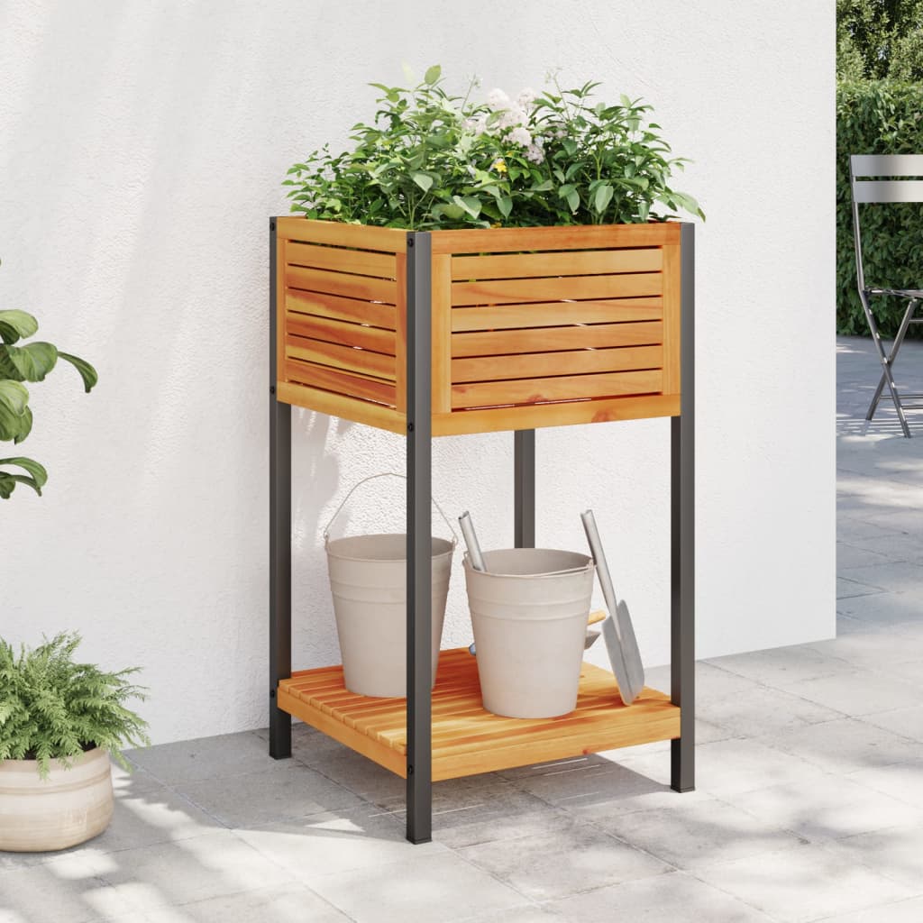 Fioriera Con Ripiano In Legno Acacia E Acciaio