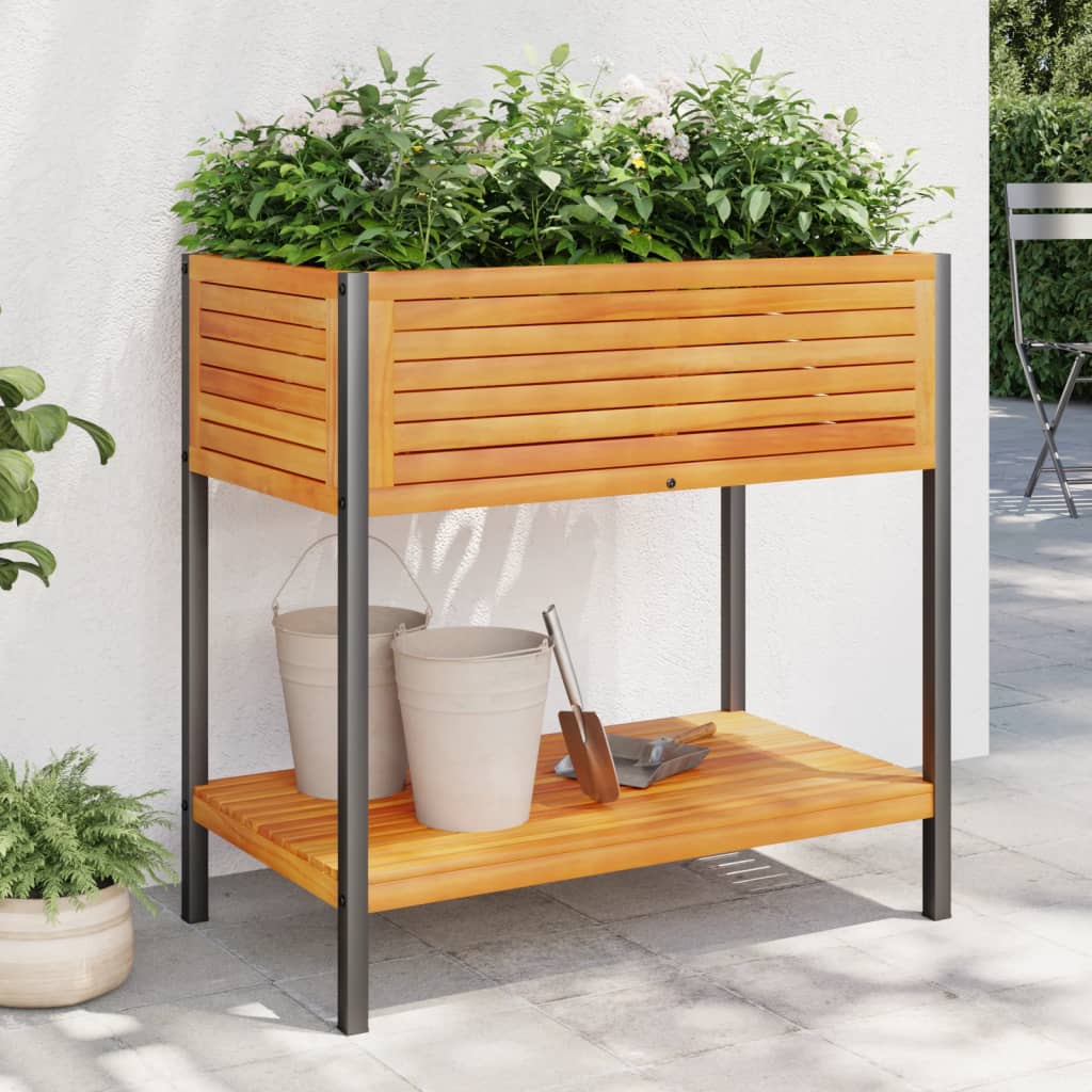 Fioriera Con Ripiano In Legno Acacia E Acciaio