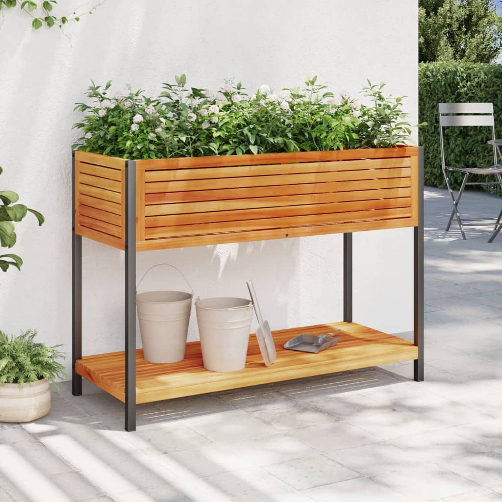Fioriera Con Ripiano In Legno Acacia E Acciaio