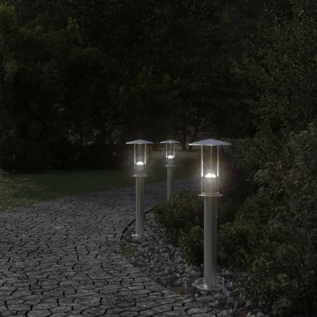 Lampade Da Terra Per Esterni 3 Pz In Acciaio Inox Argento