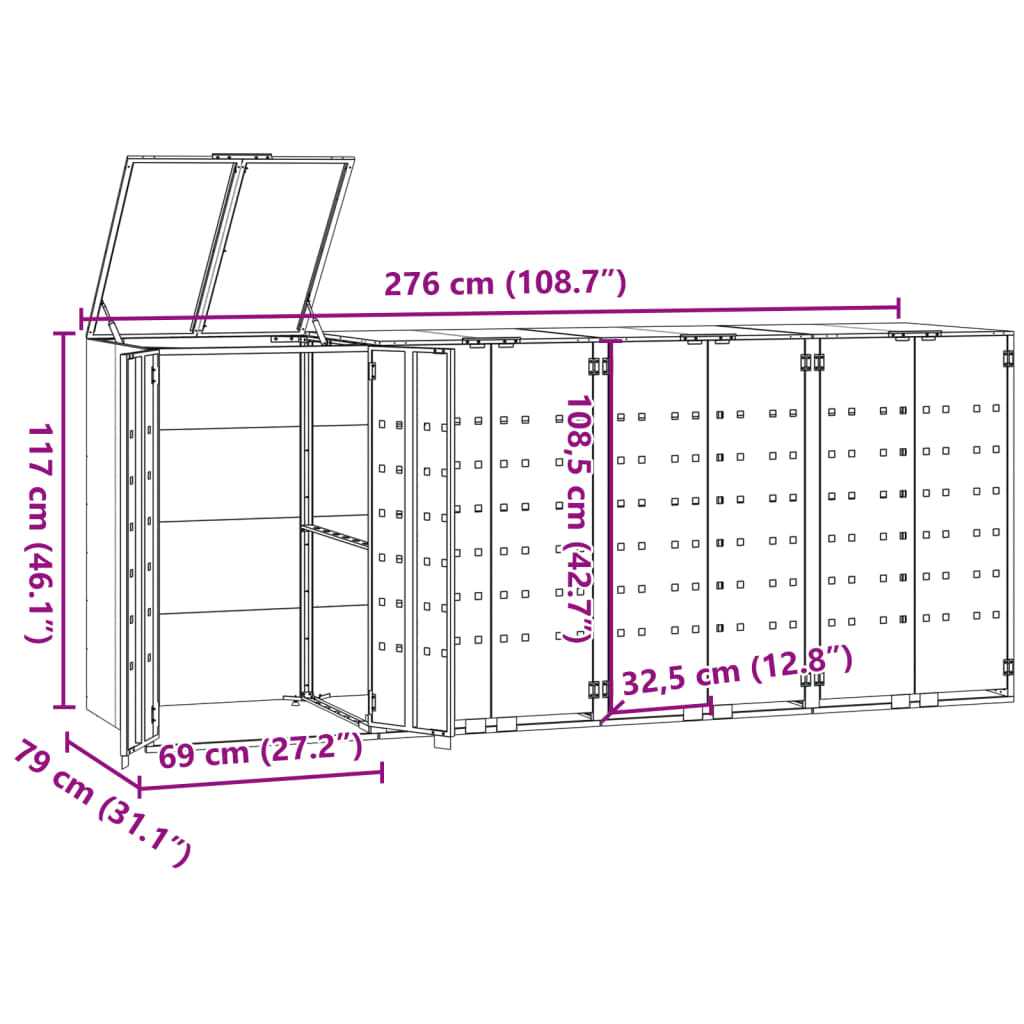 Copribidone Con Ruote Per 4 Bidoni Nera 276X79X117Cm In Acciaio