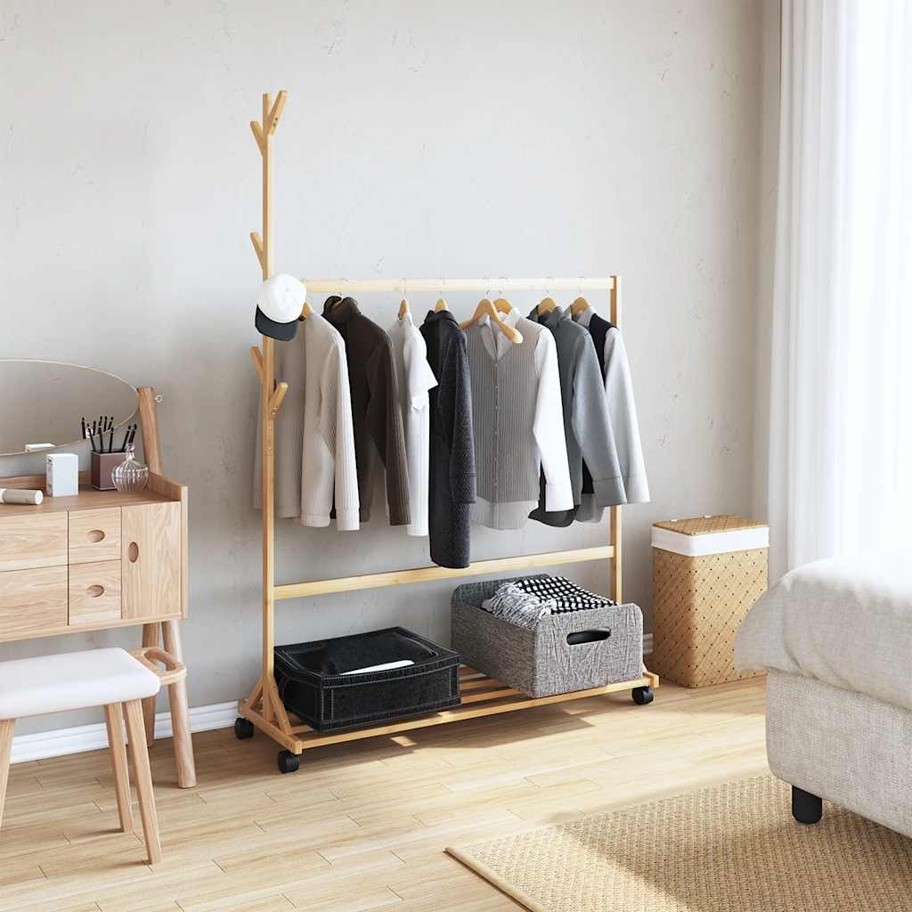 Appendiabiti Con Ganci E Ruote 100X35X157 Cm In Bambù Legno Antico