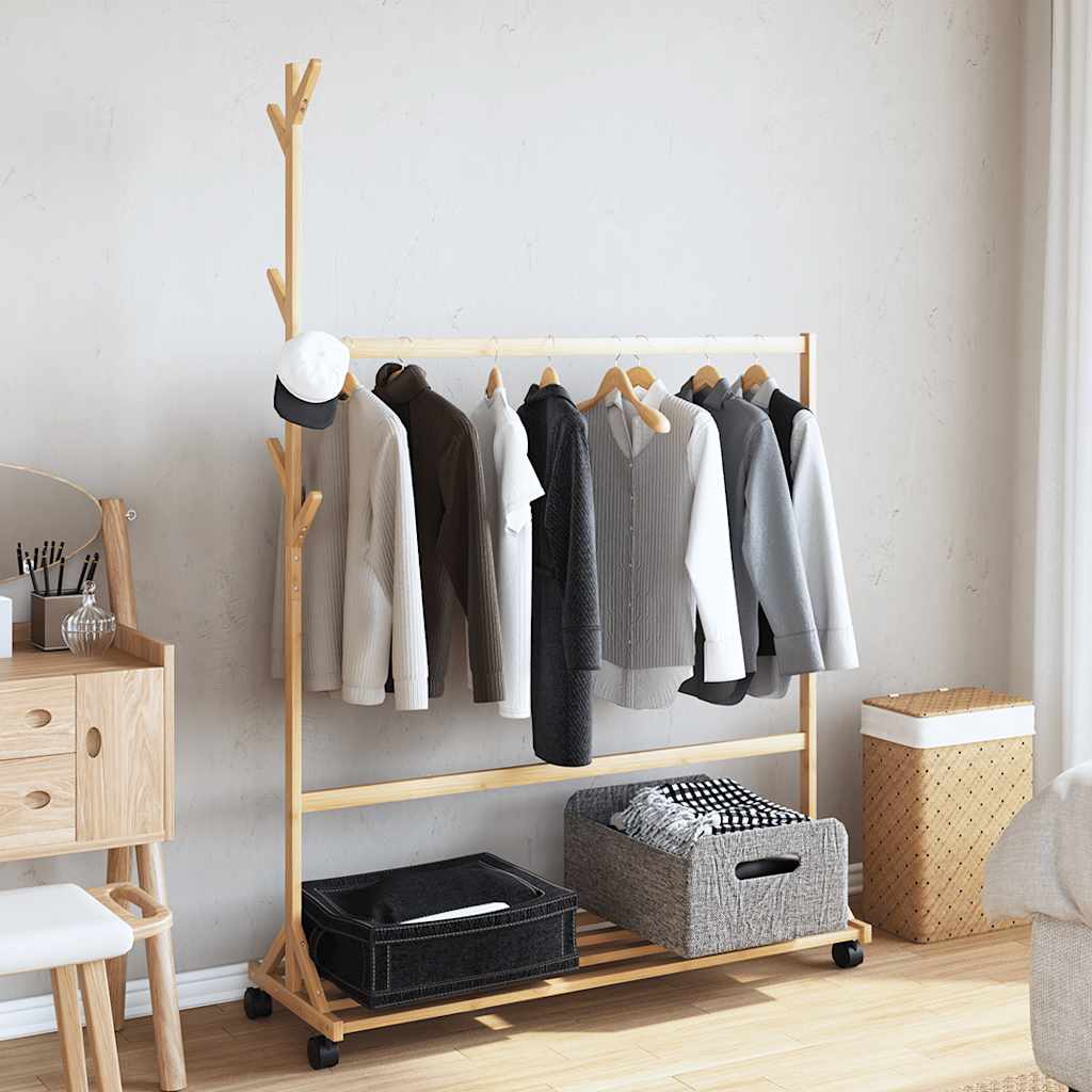 Appendiabiti Con Ganci E Ruote 100X35X157 Cm In Bambù Legno Antico