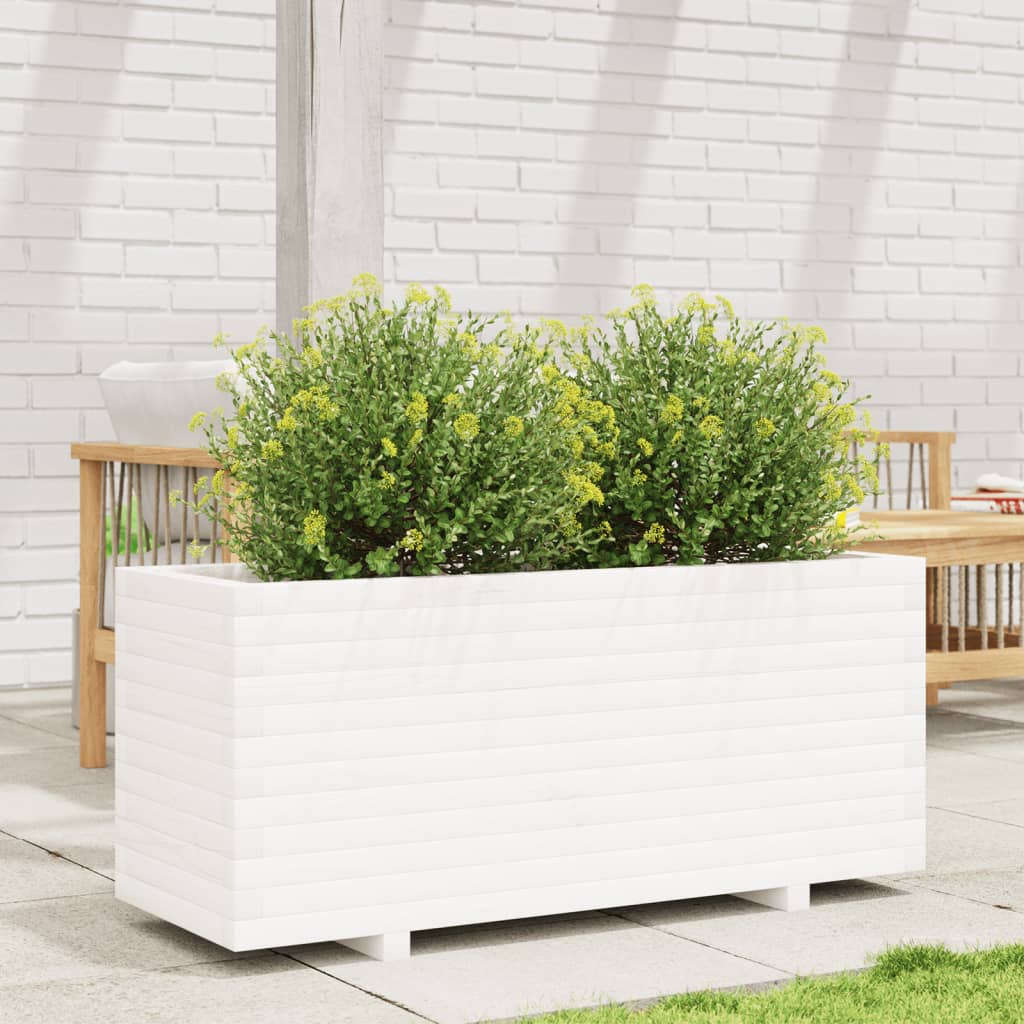 Fioriera Da Giardino Bianca 110X40X49,5 Cm Legno Massello Pino Cera Marrone