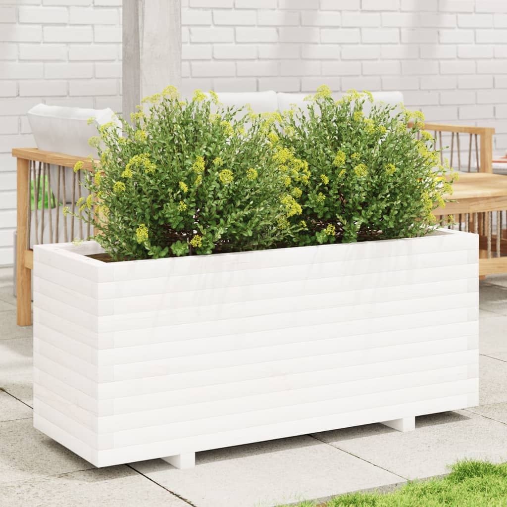 Fioriera Da Giardino Bianca 110X40X49,5 Cm Legno Massello Pino Cera Marrone