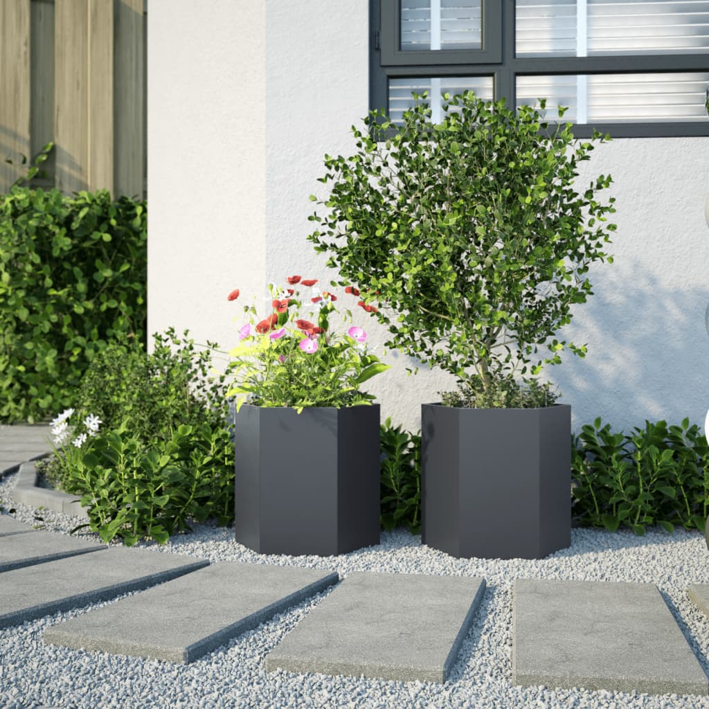 Fioriere Da Giardino 2 Pz Antracite Esagono Acciaio
