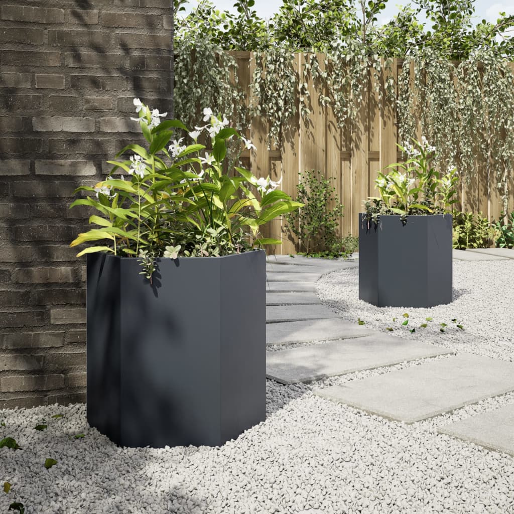 Fioriere Da Giardino 2 Pz Antracite Esagono Acciaio