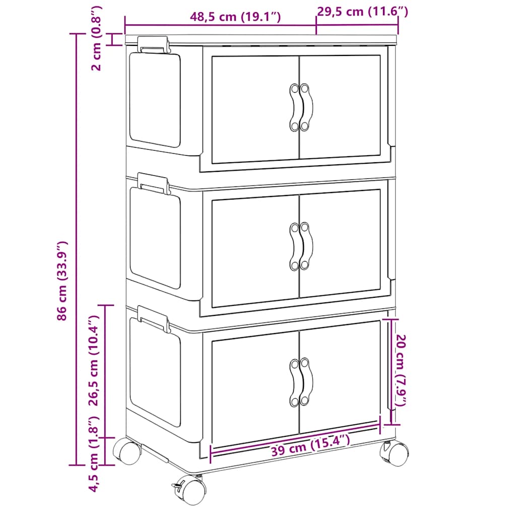 Scatola Portaoggetti Con Ruote 3 Livelli 28 L 48,5X29,5X86 Cm