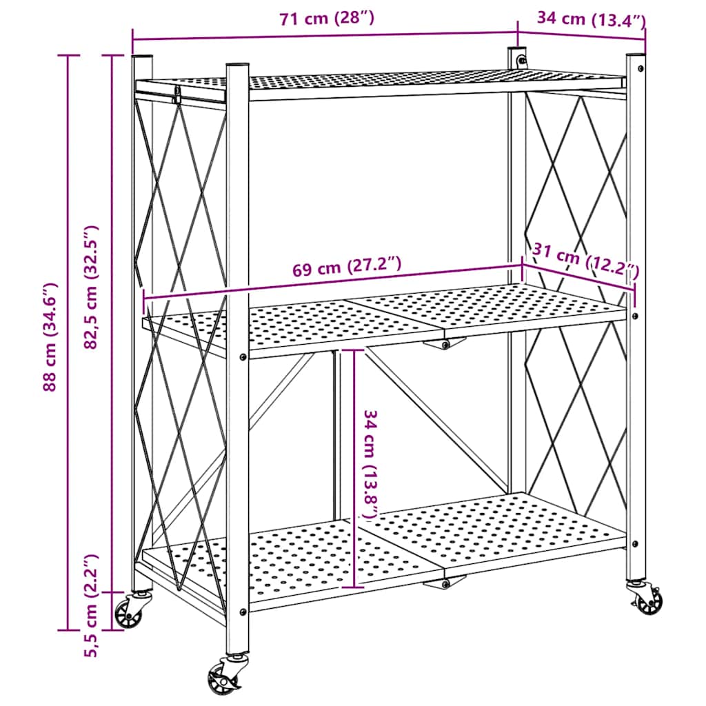 Scaffale Portaoggetti Su Ruote Nero 71X34X88 Cm In Acciaio