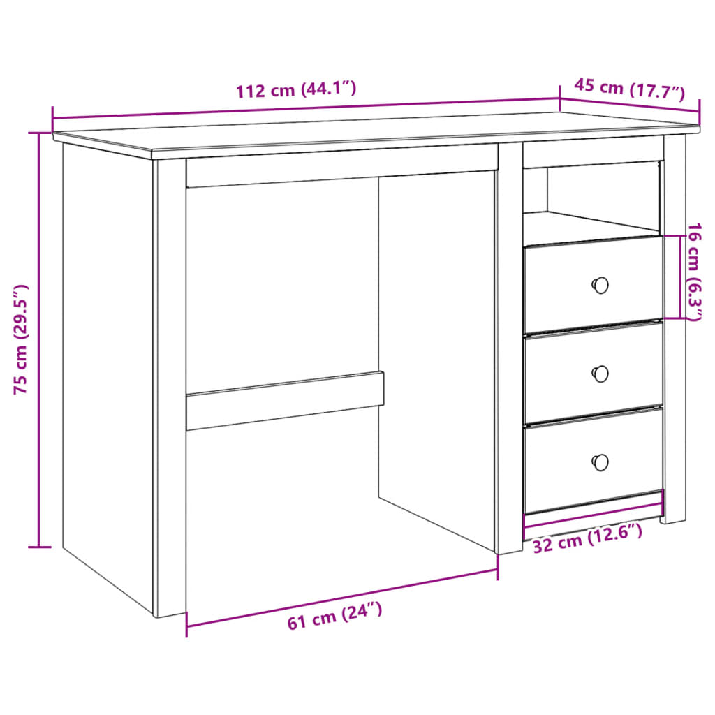 Scrivania Panama 112X45X75 Cm Legno Massello Di Pino