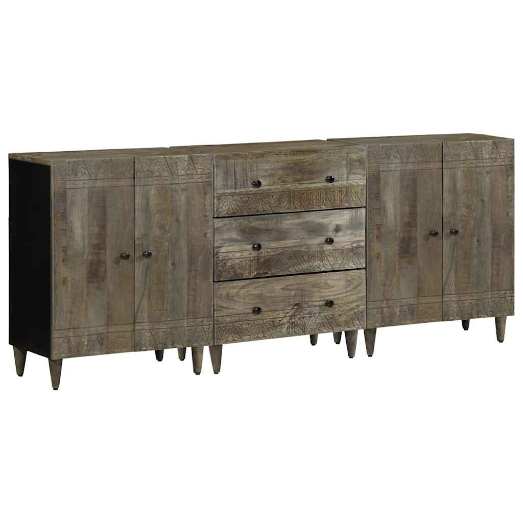 Credenze 3 Pz Grigio Chiaro 60X33,5X75 Cm Legno Massello Mango Nero