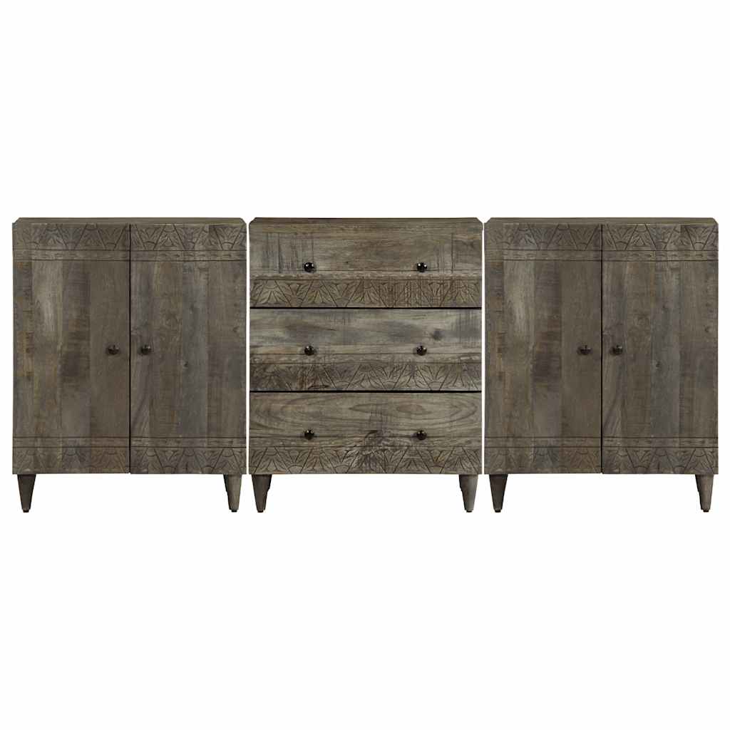 Credenze 3 Pz Grigio Chiaro 60X33,5X75 Cm Legno Massello Mango Nero
