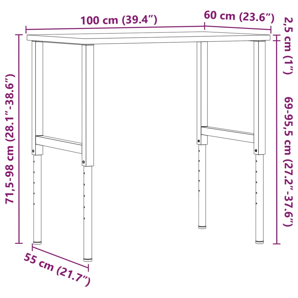 Banco Da Lavoro 100X60X(71,5-98) Cm Legno Rovere Rettangolare