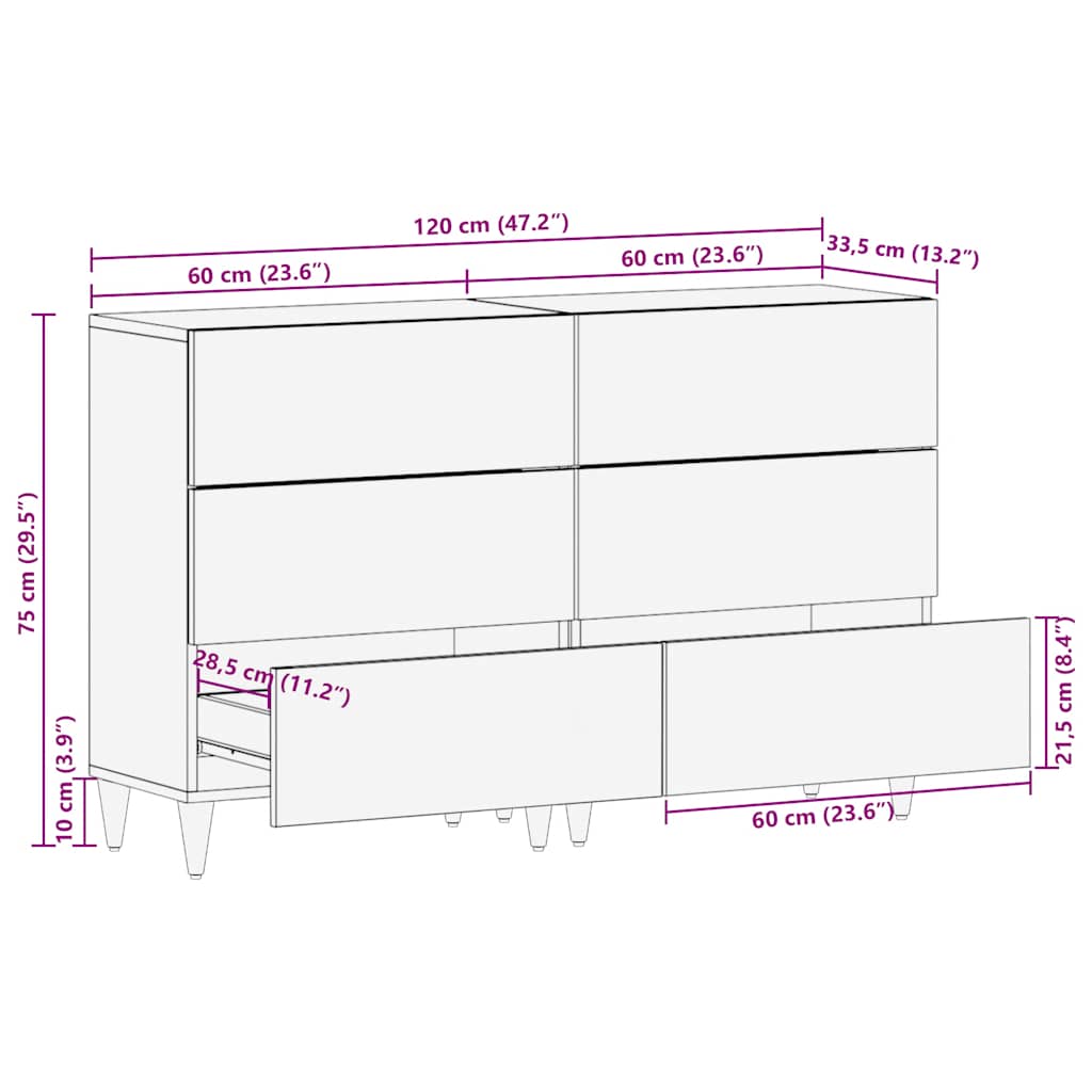 Credenze 2 Pz 60X33,5X75 Cm In Legno Massello Di Mango Nero
