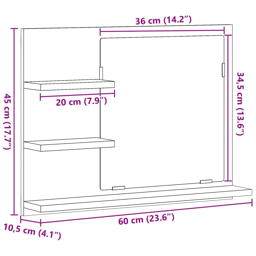 Armadietto A Specchio Da Bagno Legno Vecchio 60X10,5X45 Cm