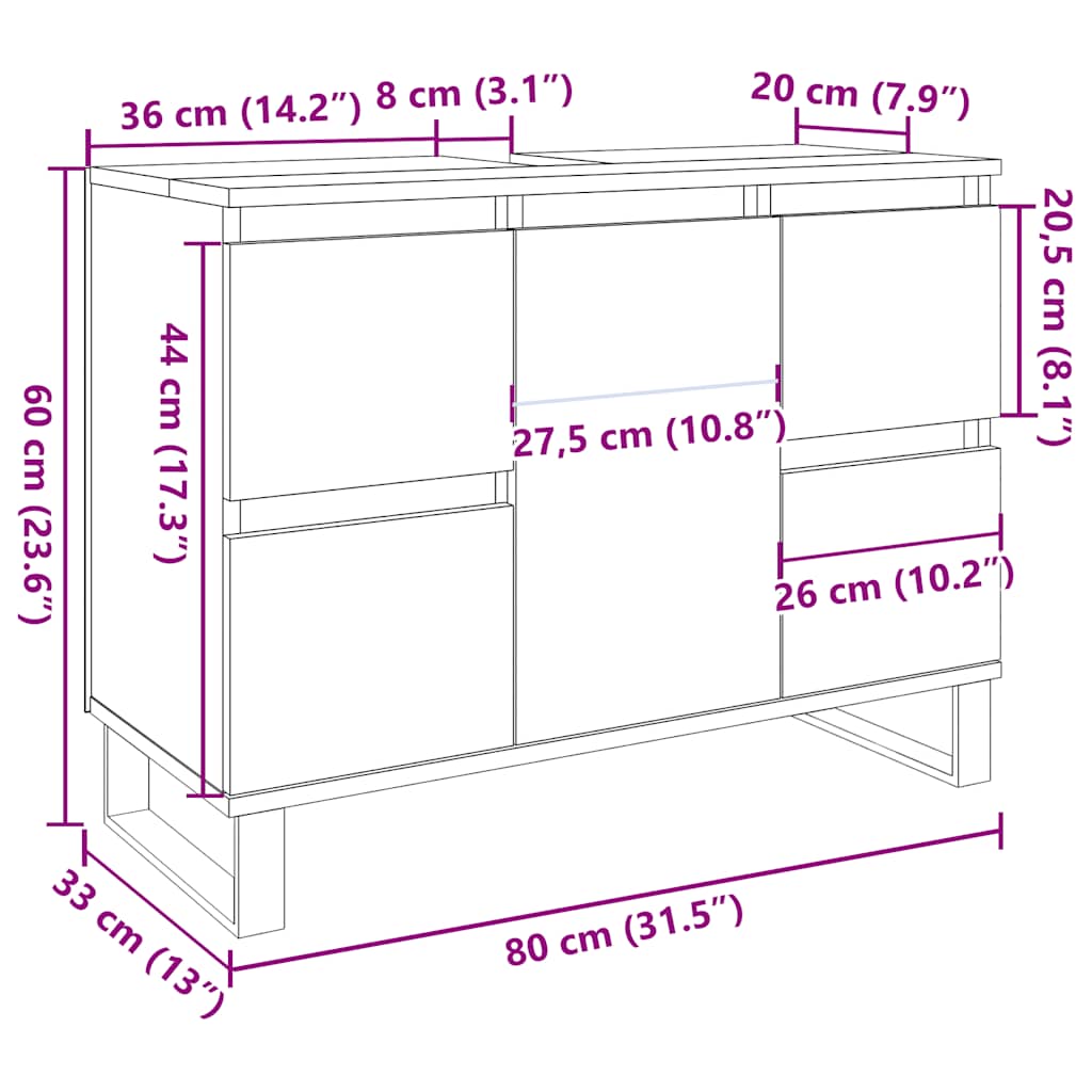 Mobiletto Da Bagno 80X33X60 Cm In Truciolato