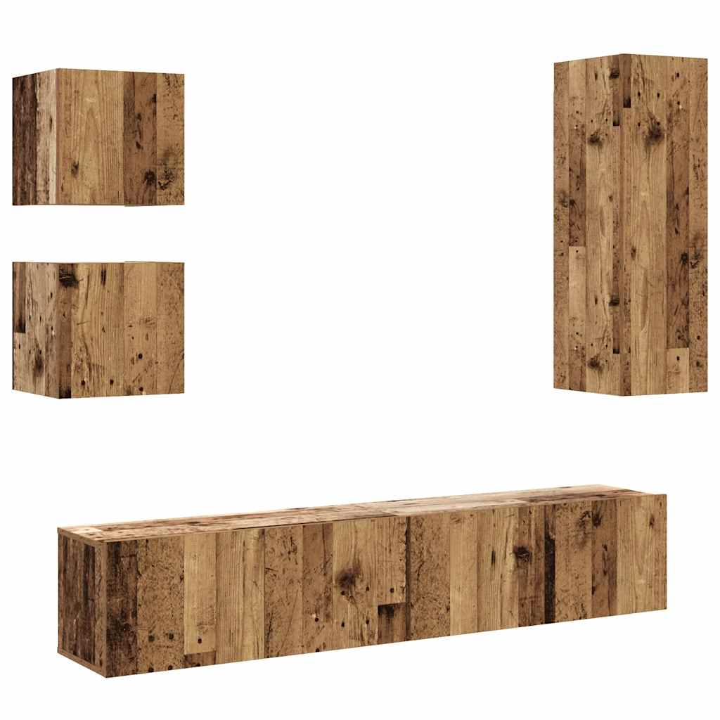 Set Mobile Tv 5 Pz Montato A Parete Legno Antico In Truciolato