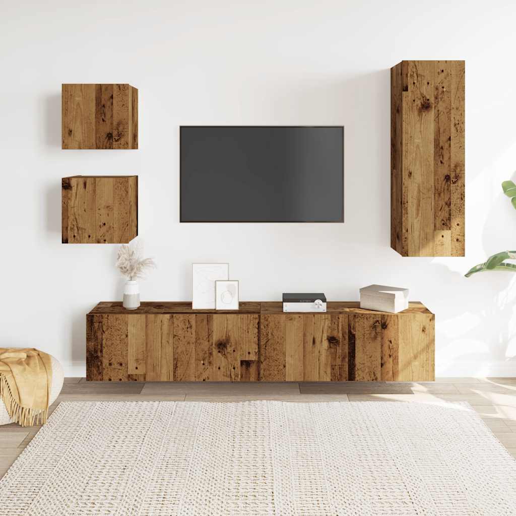 Set Mobile Tv 5 Pz Montato A Parete Legno Antico In Truciolato