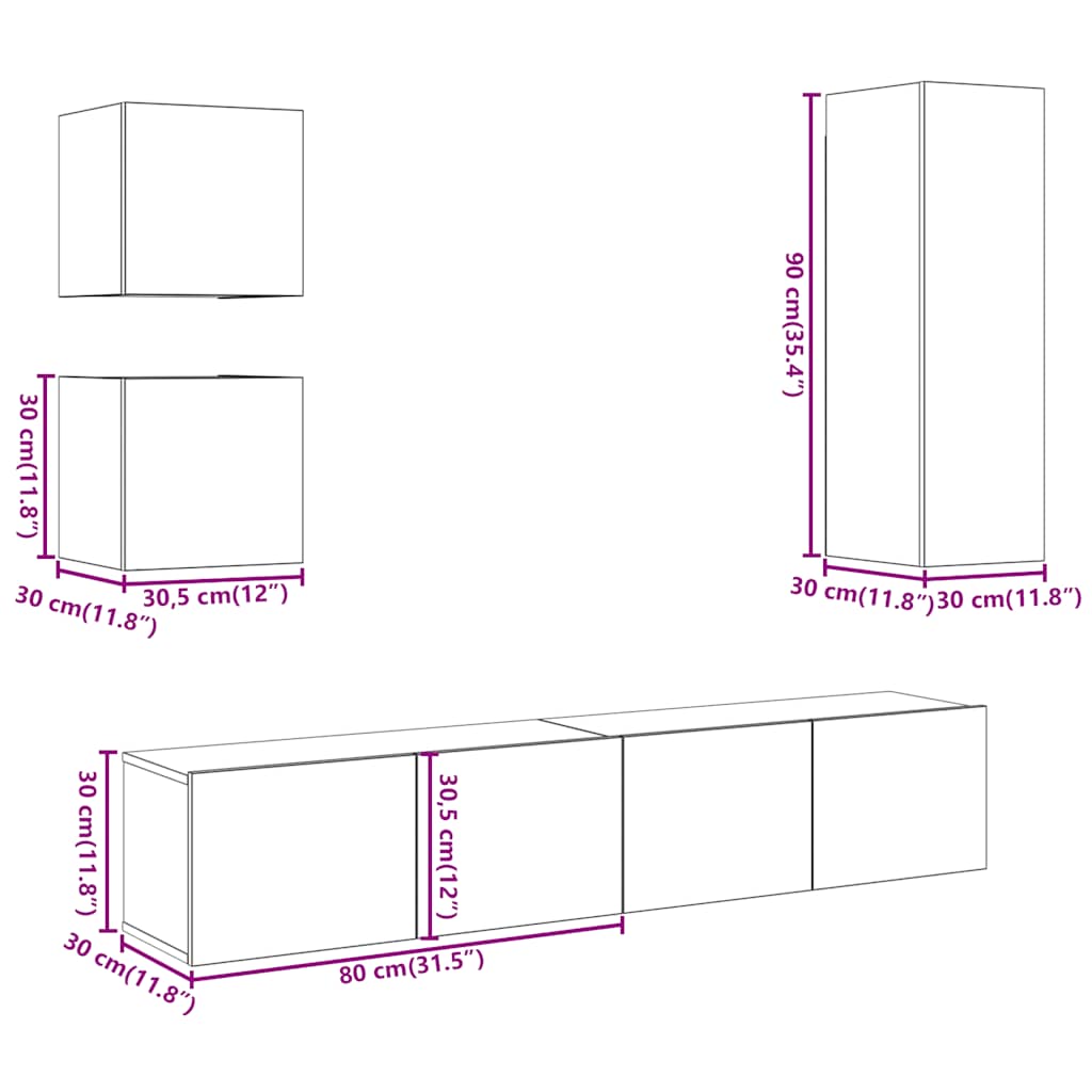 Set Mobile Tv 5 Pz Montato A Parete Legno Antico In Truciolato