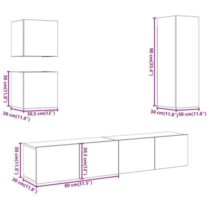 Set Mobile Tv 5 Pz Montato A Parete Legno Antico In Truciolato