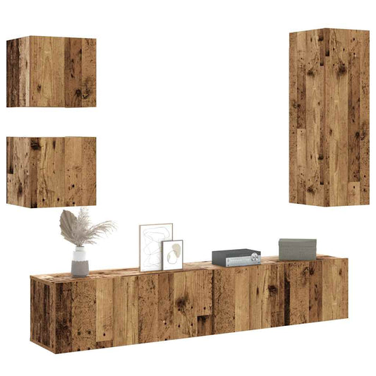 Set Mobile Tv 5 Pz Montato A Parete Legno Antico In Truciolato