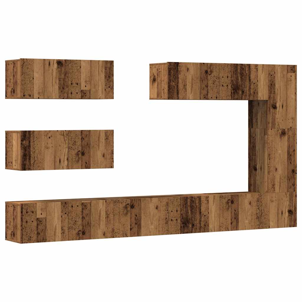Set Mobile Tv 7 Pz Montato A Parete Legno Antico In Truciolato