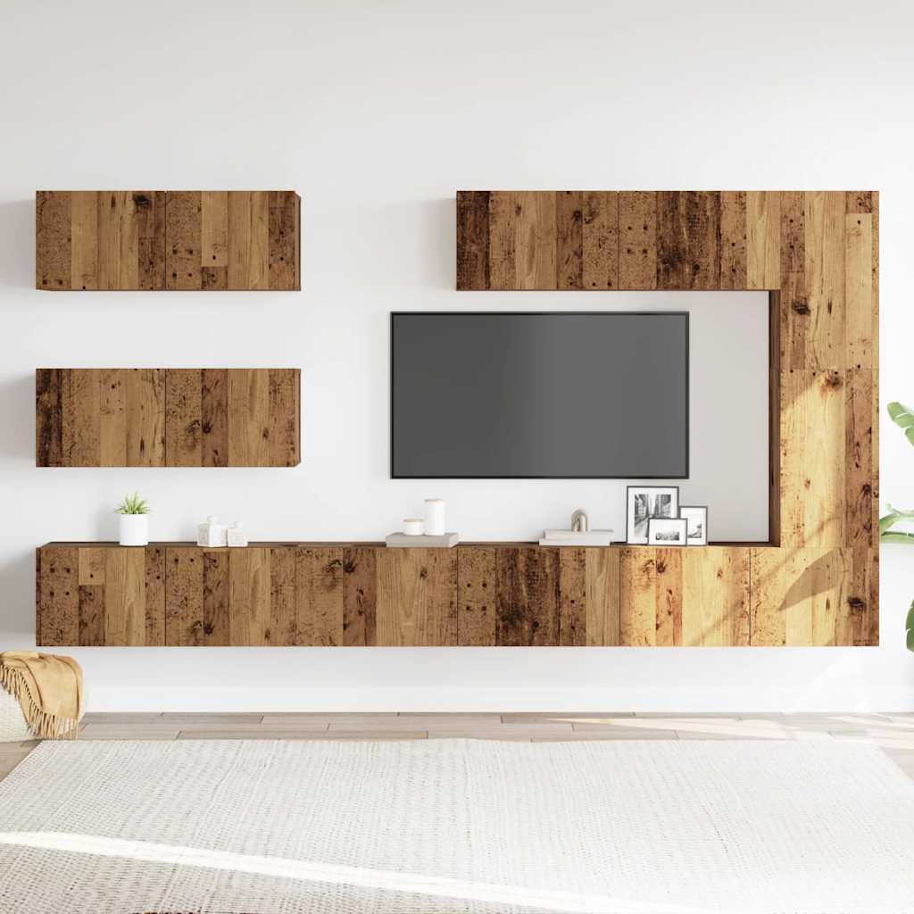 Set Mobile Tv 7 Pz Montato A Parete Legno Antico In Truciolato
