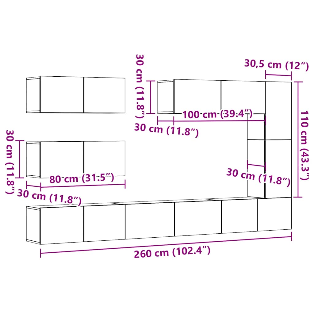 Set Mobile Tv 7 Pz Montato A Parete Legno Antico In Truciolato