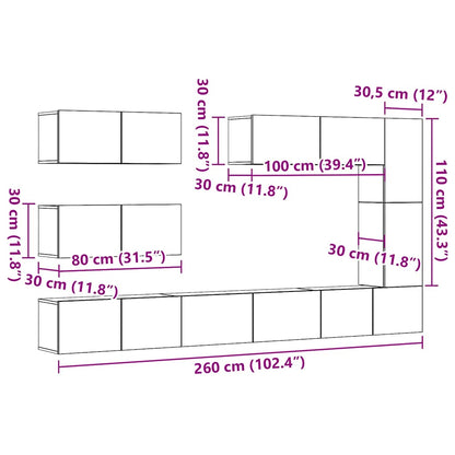 Set Mobile Tv 7 Pz Montato A Parete Legno Antico In Truciolato