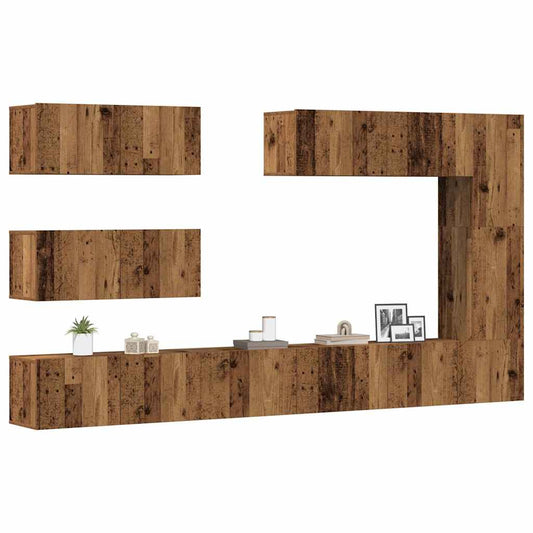 Set Mobile Tv 7 Pz Montato A Parete Legno Antico In Truciolato