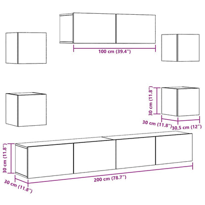 Set Mobile Tv 7 Pz Montato A Parete Rovere In Legno Multistrato