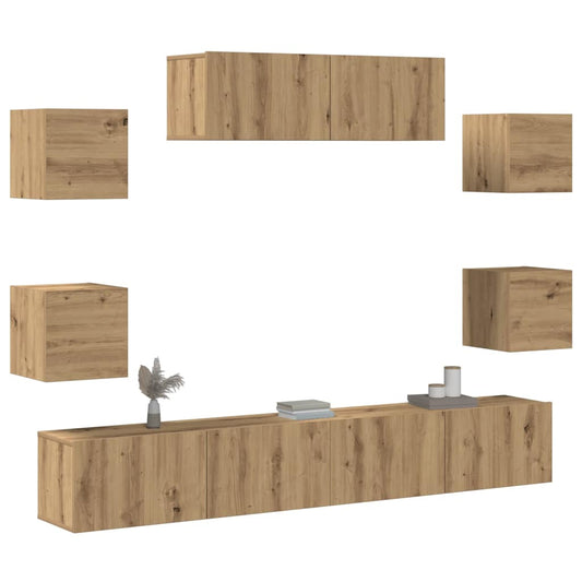 Set Mobile Tv 7 Pz Montato A Parete Rovere In Legno Multistrato