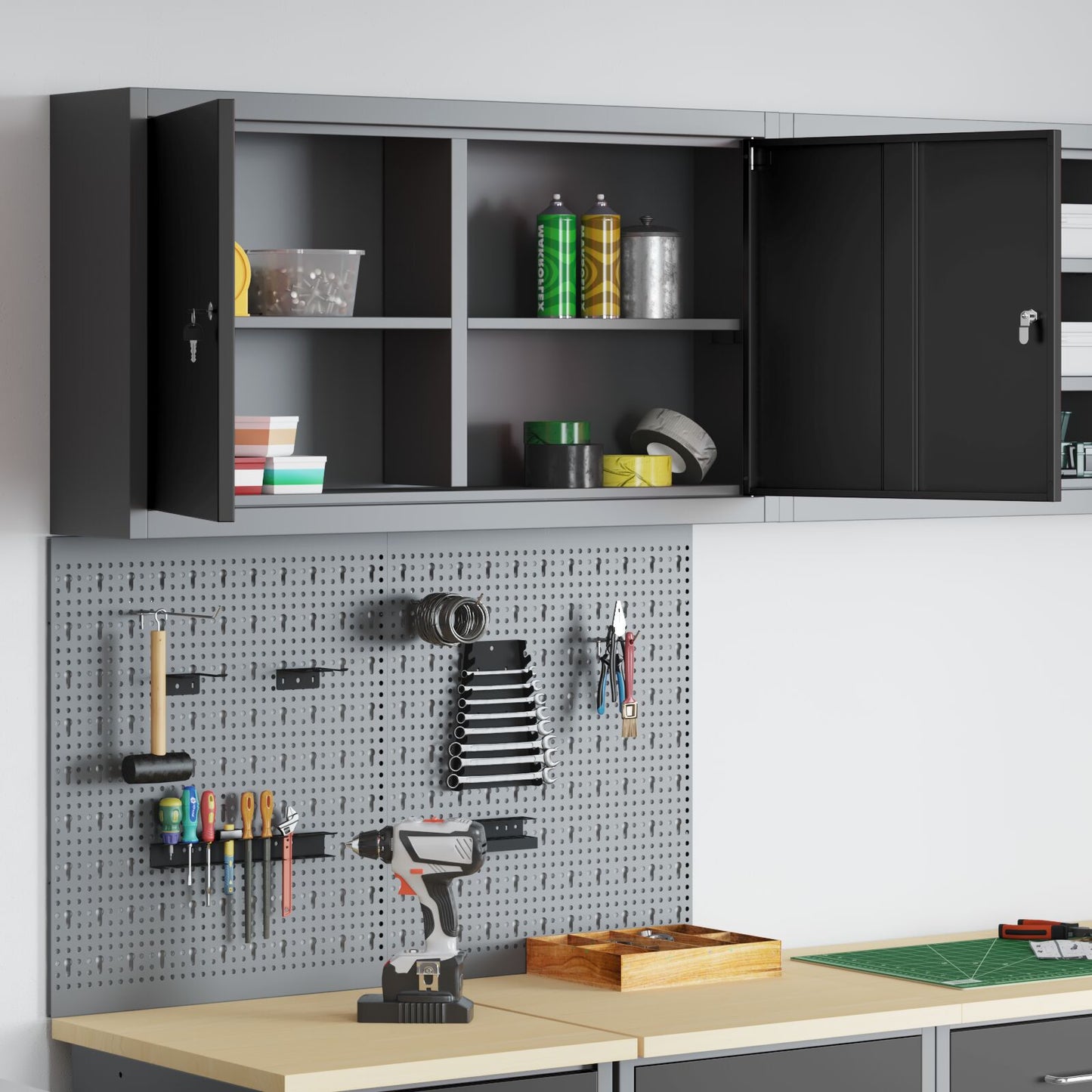 Set Di Armadietti E Pannello Attrezzi Da Parete In Metallo Nero A 3 Pezzi Rosso