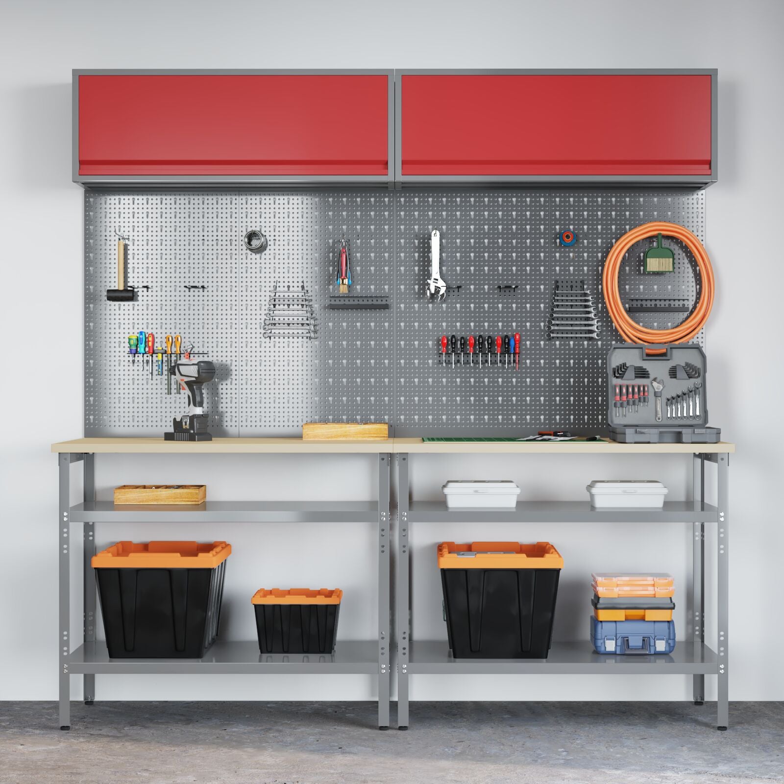 Set Di 8 Banchi Da Lavoro In Acciaio Grigio Rosso