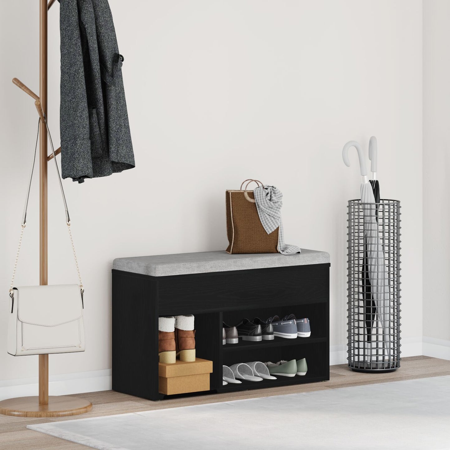 Panca Da Ingresso  Nera In Rovere 60X30X45 Cm In Legno