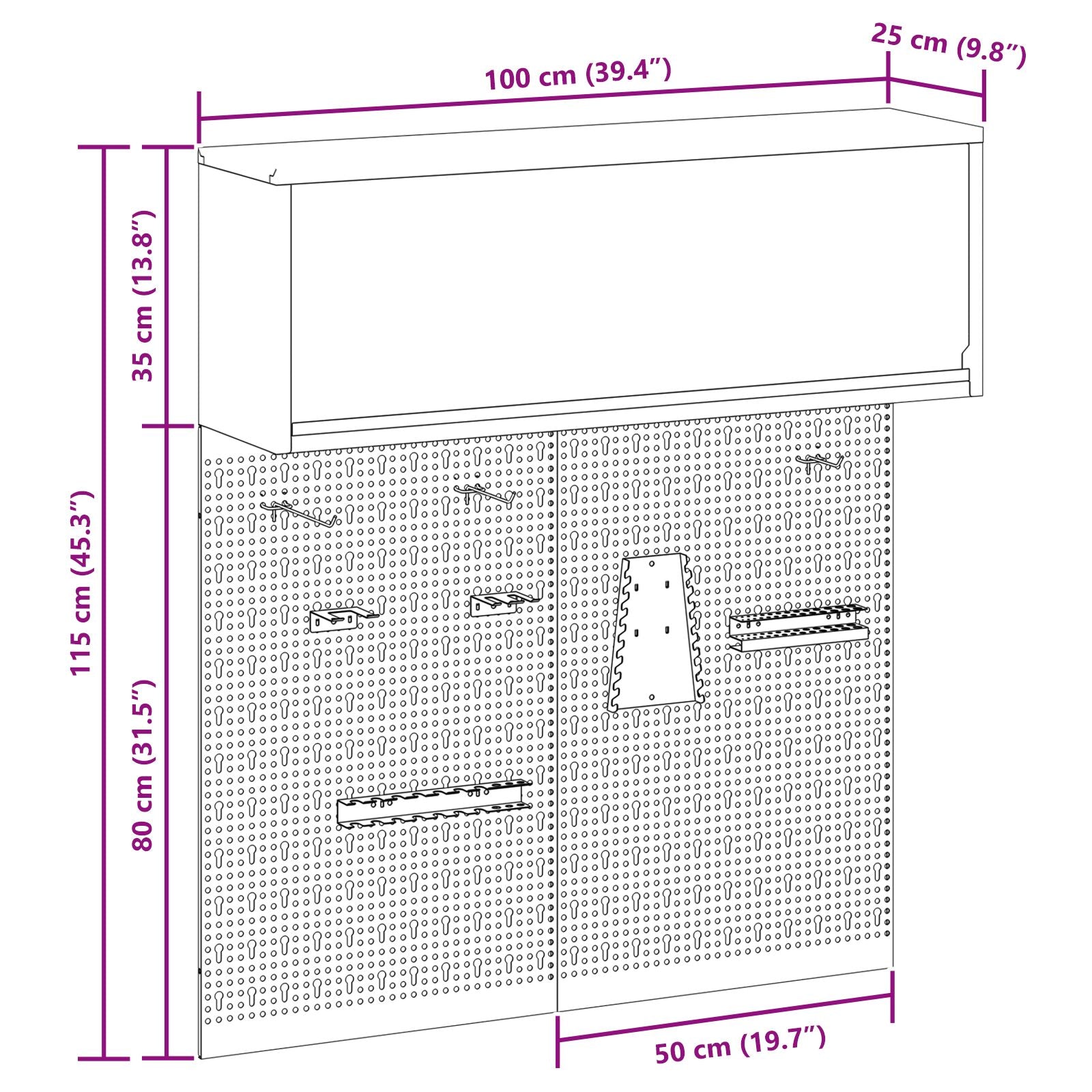 Set Da Muro In Metallo Nero Con Armadietto E Pannello Perforato In 3 Pezzi Di Rosso