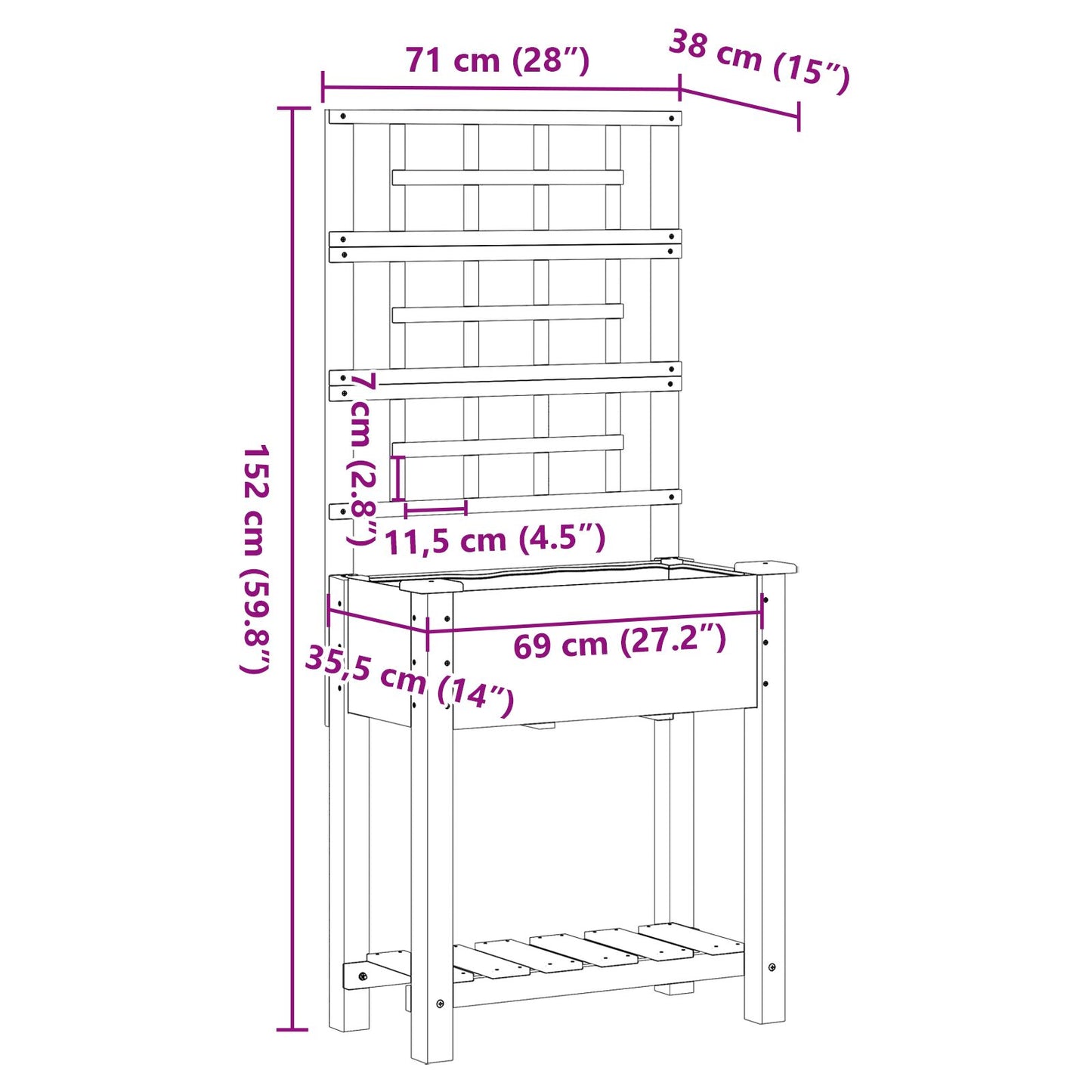 Fioriera Da Giardino Con Trellis E Ripiano 71X37X152 Cm In Legno Massello Di Abete