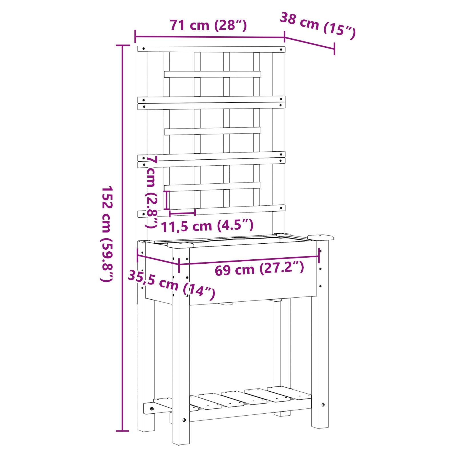 Fioriera Da Giardino Con Trellis E Ripiano 71X37X152 Cm In Legno Massello Di Abete